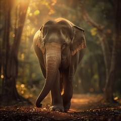 close up stunning Asian elephant with a peaceful demeanor and beautifully textured skin, gently blurred forest , soft, natural creating a warm, gentle effect on the