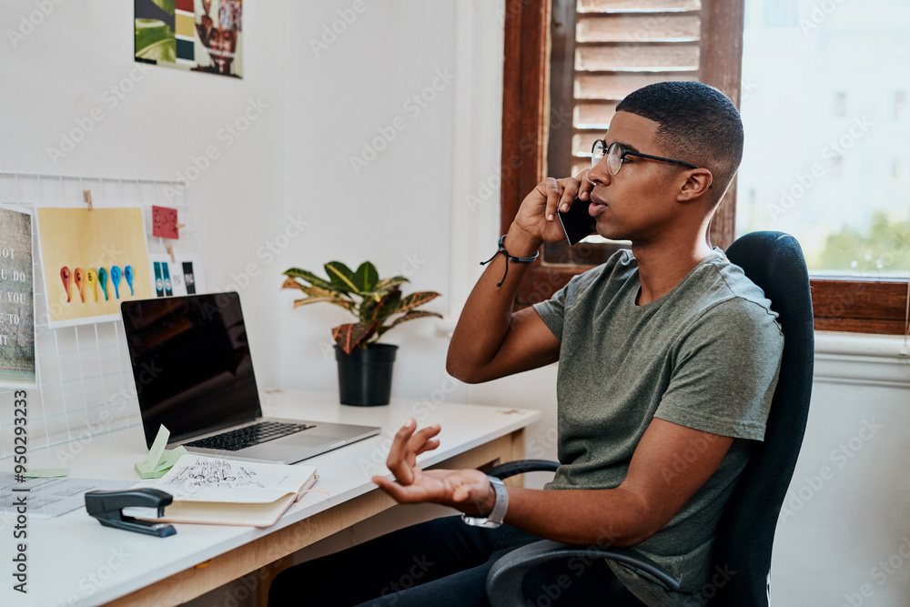 Poster Man, phone call and talking at startup, office and contact with mobile networking at company. Person, graphic designer and smartphone with glasses, listening and deal negotiation at creative agency