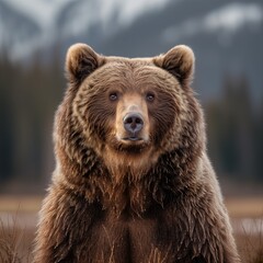 Fototapeta premium close up stunning grizzly bear with rich, textured fur and intense, expressive eyes, softly blurred mountainous background, warm, natural highing the bear s fur details,