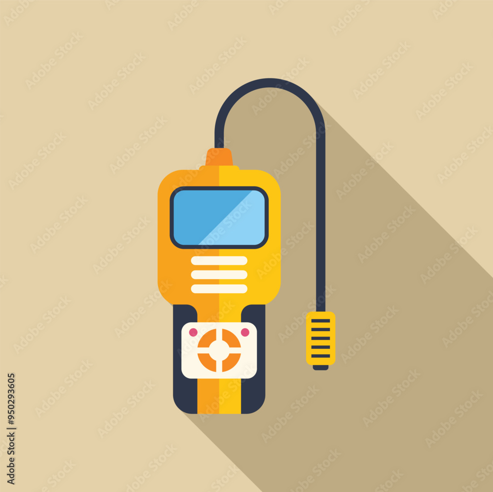 Poster gas detector device with sensor probe detecting gas leak, flat design icon with long shadow