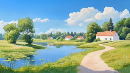 Fototapeta premium A serene landscape featuring a peaceful river, lush greenery, and charming homes under a bright blue sky with fluffy clouds.