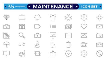 Maintenance Outline icons collection. Containing configuration, maintenance, service, tools, wrench, gear. For website marketing design, logo, app, template, ui, etc. Editable stroke outline icon.