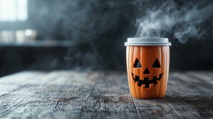 Halloween Pumpkin Spice Coffee Cup on Rustic Wooden Table