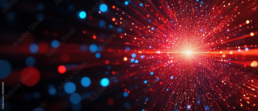 Poster abstract image featuring vibrant particles and beams of light against a dark background, creating a 