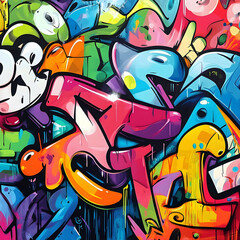 Abstract colorful graffiti artwork with various shapes and drips.