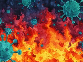 Obraz premium Bacterial invasion in the human body, antibiotics represented as glowing shields, intense battle scene in watercolor style