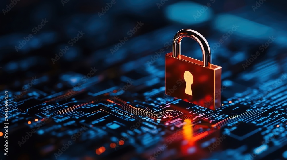 Poster an abstract representation of security with a glowing padlock on a digital circuit board, symbolizin