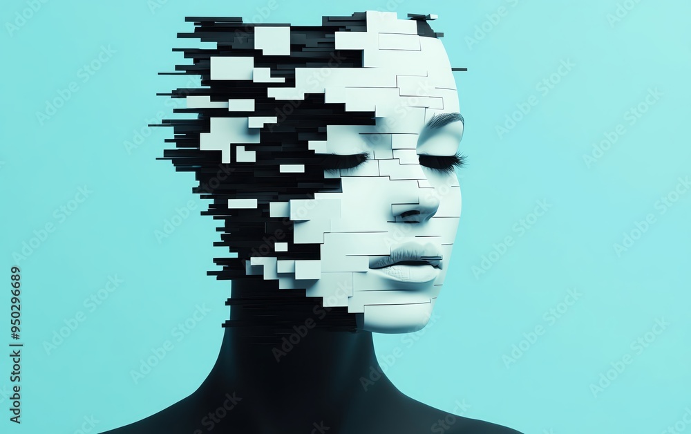 Poster artistic representation of a mannequin with a fragmented face, symbolizing identity and transformati