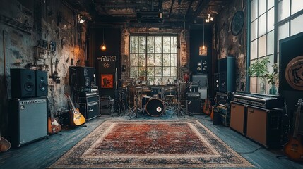 A well-equipped music studio with exposed brick walls a drum set guitars and amplifiers