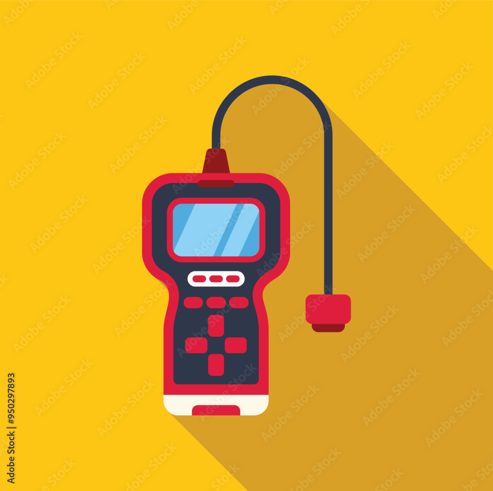 Poster electronic device with buttons and cable displaying information on screen on yellow background with 