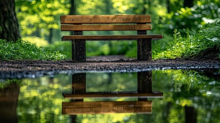 Fototapeta premium A wooden bench sits on a path in a forest its reflection in a puddle of water