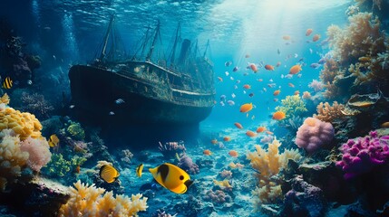 Underwater scene vibrant coral reefs schools of fish sunken ship vivid colors sharp details