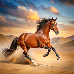 A Brown Horse Running Through the Desert A Dynamic and Powerful Image Capturing the Grace and Energy of a Brown Horse Galloping Across the Expansive, Sandy Terrain of a Desert.