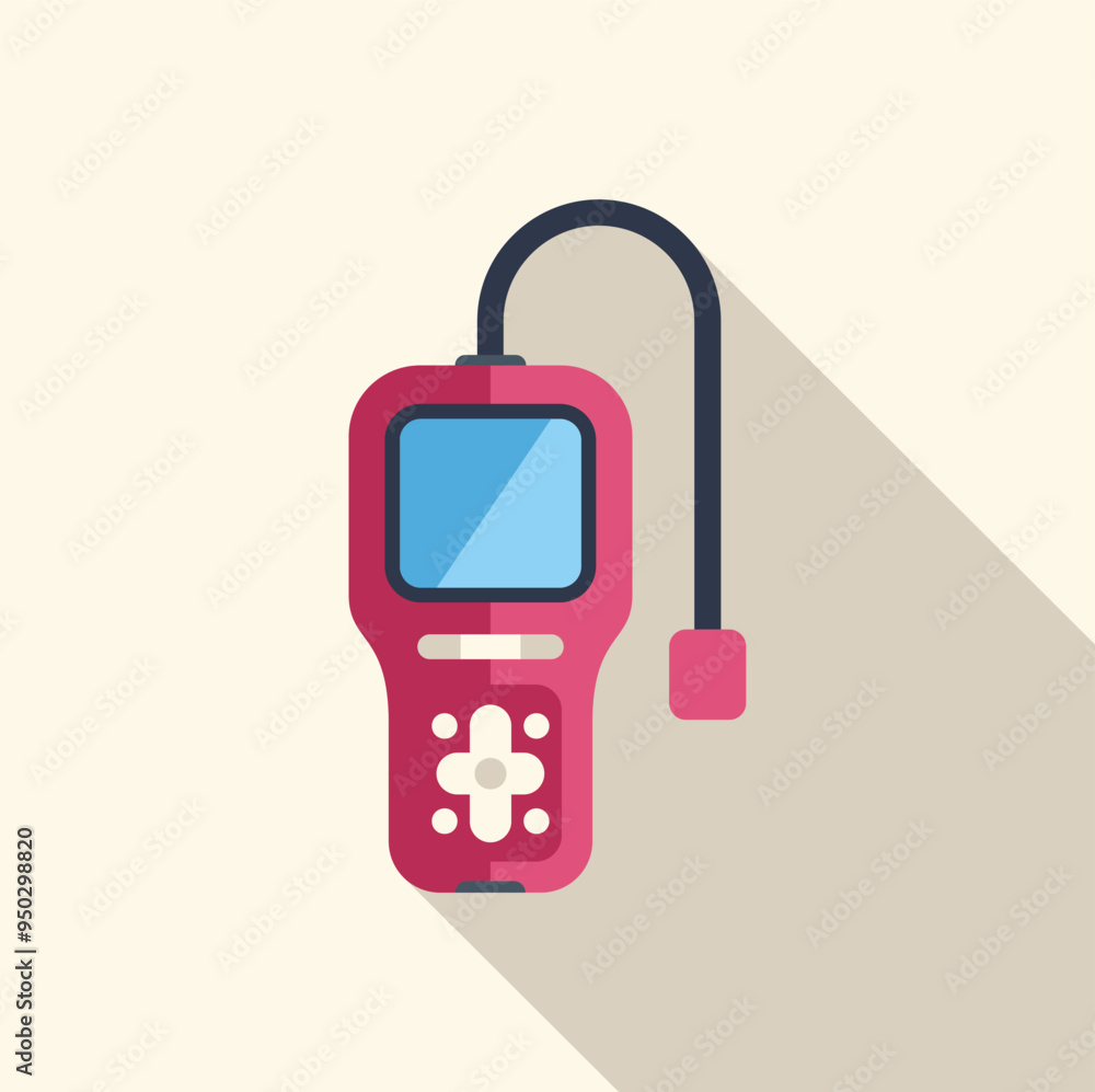 Poster electronic device showing blank screen with buttons and cable for connecting