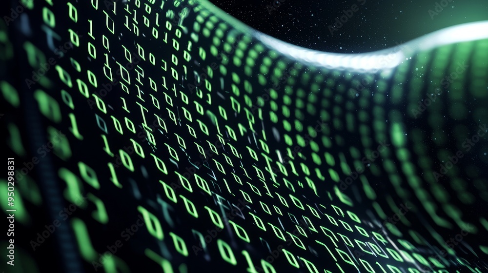 Poster text overlay of binary code, green digits on black, futuristic design, 3d illustration