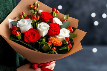 Flower bouquet gift with a romantic message, illustrated with a note attached to the bouquet, adding a personal and heartfelt touch