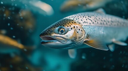A salmon swims in a school of fish