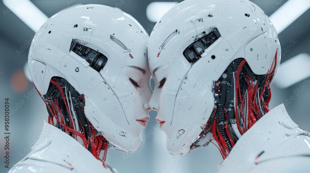 Poster this image features two sleek, futuristic robots facing each other, highlighting advanced technology