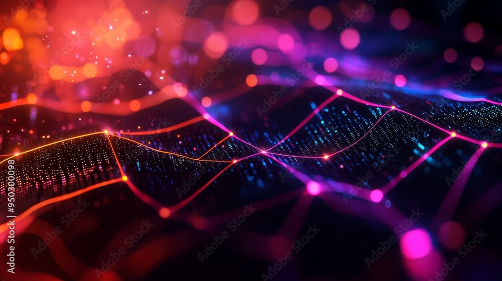 Poster search algorithm visualization, neon-lit data pathways, transparent holographic layers, futuristic u