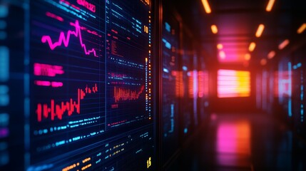 Obraz premium SEO analytics, transparent digital dashboards, neon data flow, high-tech office setting