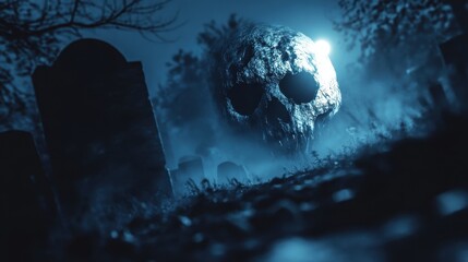 Eerie Ghostly Face Emerging from Graveyard Darkness under Moonlight