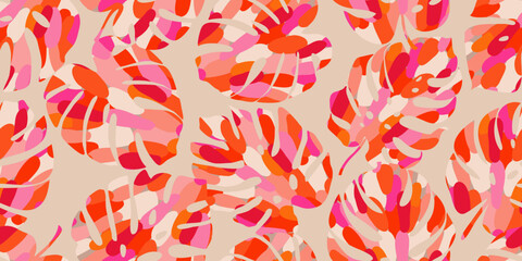 Abstract seamless tropical pattern with bright Monstera leaves on a light background, Hand drawn natural ornaments for textile, fabric, wallpaper, card, cover, poster, decoration. © Udomdech