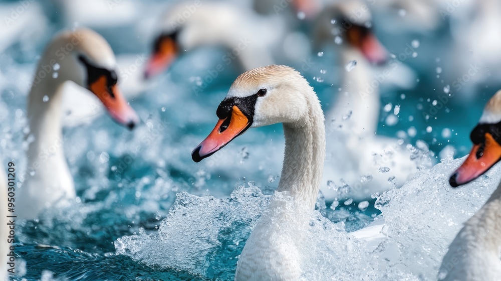 Poster a lively scene capturing a swan with an orange beak actively swimming and causing splashes in the wa