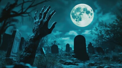 Obraz premium Eerie Ghostly Hand Emerging from Grave at Night with Tombstones and Full Moon - Halloween Horror Concept