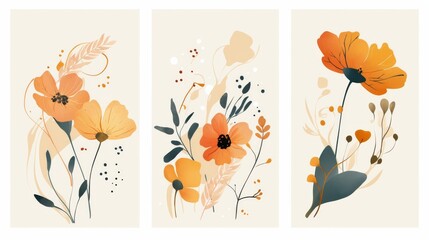  three frame Floral and Botanical Watercolor Wall Art Vector Set