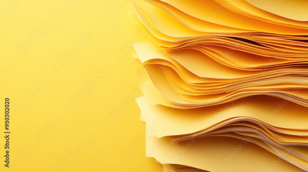Poster this photo displays a stack of yellow papers of varying lengths, set against a vibrant yellow backdr