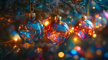 Three colorful glass Christmas ornaments hang on a tree with vibrant lights reflecting off their surfaces, perfect for holiday-themed promotions and festive greeting cards,