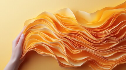 Obraz premium This striking image features a hand holding wavy orange paper sheets, set against a bright yellow background, illustrating the dynamic and fluid motion of the paper.