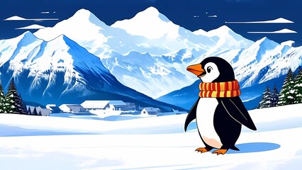 Obraz premium A penguin stands on ice against a backdrop of a snow-covered village, mountains and a brightly shining sun.