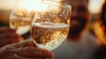 A close-up shot of sparkling wine glasses clinking together in an outdoor setting, with bubbles and sunlight creating a festive atmosphere among the group enjoying the moment.