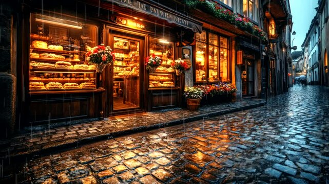 Cozy cafe with warm lighting reflecting on a wet street after a rain shower. Seamless looping 4k time-lapse video background