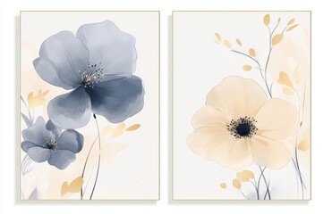 Floral Vector Background in Blue and Gold on White, with Two Vertical Poster Templates Featuring Copy Space