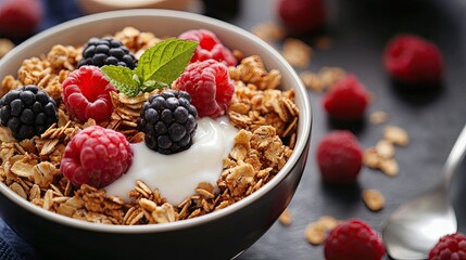 A close-up of a bowl of granola topped with yogurt and berries, ready to be enjoyed.