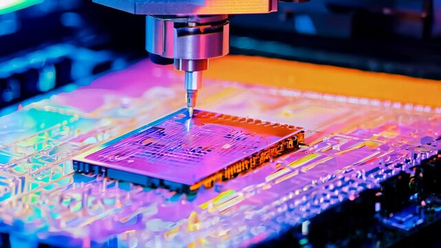 Microchip production printing processor CPU component AI video memory storage microelectronics assembly semiconductor technology industry manufacturing computer circuit board equipment laboratory