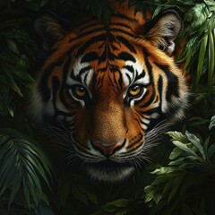 Close-up of a Tiger's Face Hidden in Foliage