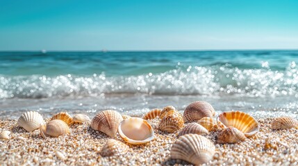 A close-up of seashells scattered across the sand, with the ocean waves and clear blue sky in the background.