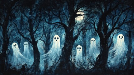 Eerie Night in the Haunted Forest - Ghostly Apparitions Among Moonlit Trees