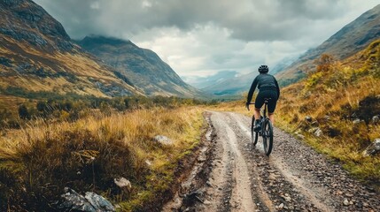 A cyclist in motion on a mountain trail, surrounded by rugged terrain and dramatic natural scenery.