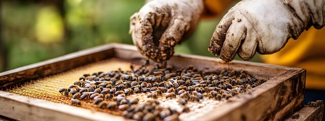Beekeeper holds an empty beehive frame with honeycombs and bees in close-up, preparing to place it in the hive on a sunny day. A man wearing a bee suit is working at his organic farm near a chestnut b