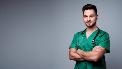A man in a green scrubs shirt is smiling and standing with his arms crossed