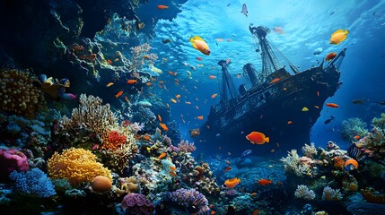 Fototapeta premium Underwater scene vivid coral reefs schools of fish sunken ship sharp details