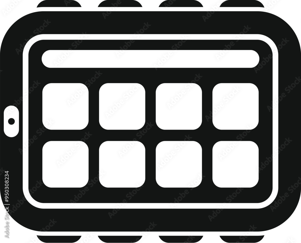 Poster black and white icon of a rugged tablet computer showing the interface of a control system