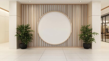 A circular signboard mockup on a storefront in a busy urban area, with reflections of skyscrapers and streetlights in the glass windows