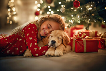 Little girl posing with her dog next to the Christmas tree full of presents on Christmas day