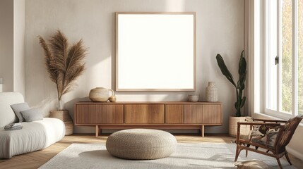 A modern living room featuring Scandinavian-Boho design, with a cabinet and a mock-up blank frame for personalization. The space blends simplicity with warm, earthy tones and artistic, bohemian 