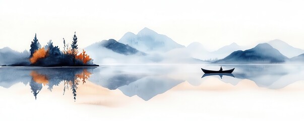 Watercolor painting of a tranquil lake scene with a small island, mountains, and a lone boat.